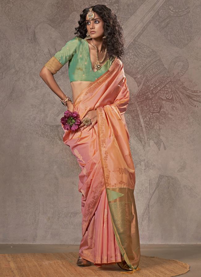 Silk Peach Casual Wear Weaving Saree